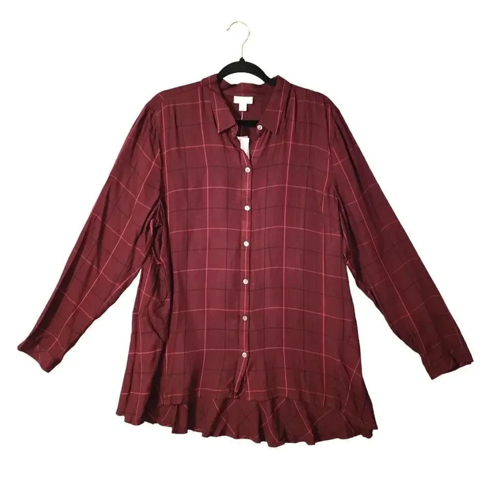 New J. Jill Women's Burgundy 100% Rayon Windowpane Button Down Shirt Top Size XL